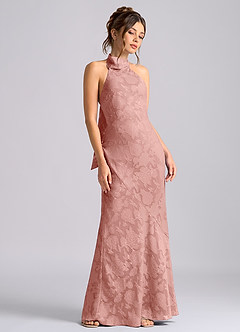 Azazie Velli Vestidos de damas de honor Vestido de Rosetón de Devorado Floral de Corte Sirena con Cuello Alto image5