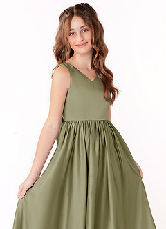 Azazie Hathaway Junior Vestido de Pistacho de Satén Elástico de Corte En A con Lazo image5