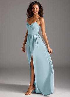 Azazie Zeya Robes de demoiselle d'honneur Robe Trapèze en Satin extensible Plissée Bleu Maussade image7