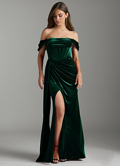 Azazie Amyra Bridesmaid Dresses Emerald Sheath Off the Shoulder Velvet Convertible Dress image5
