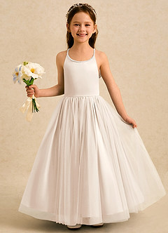Azazie Aurora Abiti da Ragazza di Fiori Abito A-Line in Tulle Fiocco Alabastro Bianco image3