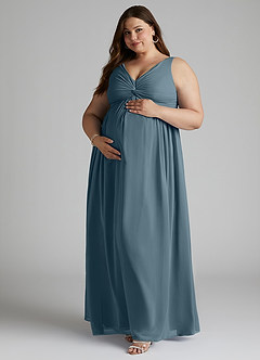 Azazie Yetta Maternity Bridesmaid Dresses A-Line V-Neck Gathered Chiffon Floor-Length Dress image9
