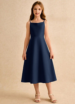 Azazie Jaella Girls Formal Flower Girl Dresses Dark Navy A-Line Pleated Matte Satin Dress image3