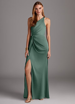 Azazie Mika Bridesmaid Dresses Eucalyptus Sheath One Shoulder Stretch Satin Dress image3