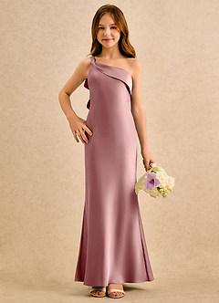 Azazie Almond Girls Formal vestidos de niña de las flores Vestido de Rosa Polvorienta de Satén Elástico de Corte Recto con Hombro unilateral image4
