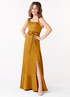 Azazie Barbara Junior Butterscotch A-Line Bow Stretch Satin Dress image1