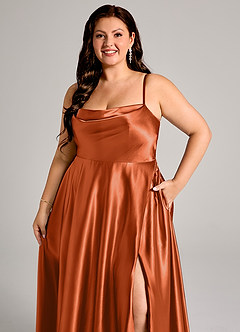 Azazie Elle Bridesmaid Dresses Burnt Orange A-Line with Pockets Metallic Satin Dress image12