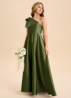 Azazie Penguin Junior Abito A-Line in Raso Elasticizzato Fiocco Oliva image6