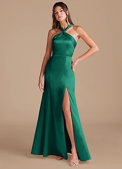 Azazie Rue Bridesmaid Dresses Emerald Sheath Pleated Metallic Satin Dress image3