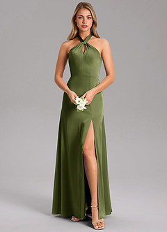Azazie Tracie Bridesmaid Dresses Olive A-Line Side Slit Stretch Satin Dress image1