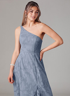 Azazie Ellianna Robes de demoiselle d'honneur Robe Trapèze en Blumen-Burnout Ue épaule Bleu Poussiéreux image5