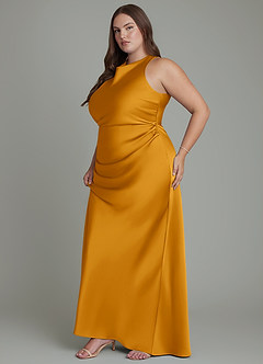 Azazie Evadne Bridesmaid Dresses Butterscotch Sheath Pleated Stretch Satin Dress image13
