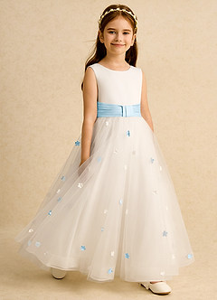 Azazie Cricket vestidos de niña de las flores Vestido de Marfil Azul Cielo de Satin Mate de Princesa con Plisado image7