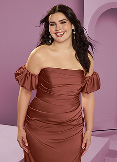 Barbie ♥ Azazie Bridesmaid Dresses Auburn Sheath Off the Shoulder Stretch Satin Convertible Dress image15