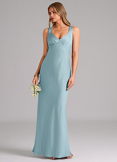 Azazie Kamila Bridesmaid Dresses Moody Blue A-Line Pleated Stretch Satin Dress image5