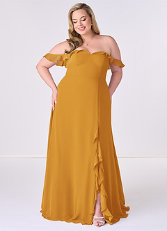 Barbie ♥ Azazie Robes de demoiselle d'honneur Robe Trapèze Convertible en Mousseline de soie Épaule décolletée Caramel écossais image6