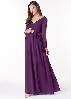 Azazie Teton Maternity Bridesmaid Dresses A-Line Long Sleeve Chiffon Floor-Length Dress image3