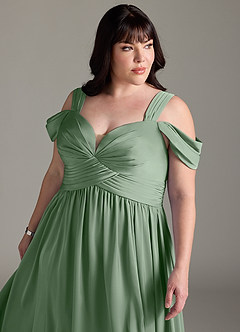 Azazie Lianne Robes de demoiselle d'honneur Robe Trapèze en Satin extensible Épaule décolletée Matcha image14