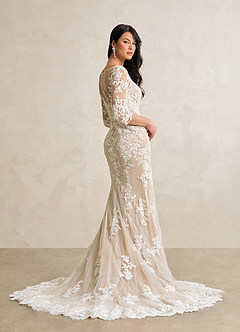 Azazie Neela Wedding Dresses Diamond White Sand Mermaid V-Neck Lace Tulle Dress image2