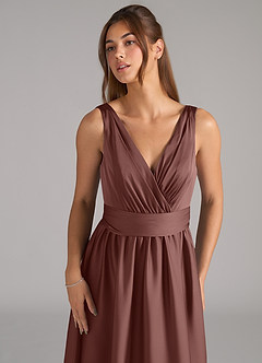 Azazie Kora Bridesmaid Dresses Espresso A-Line Pleated Stretch Satin Dress image7