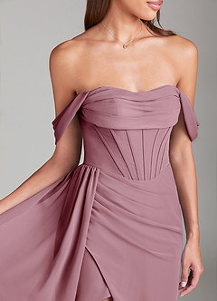 Azazie Amyra Bridesmaid Dresses Vintage Mauve Sheath Off the Shoulder Chiffon Convertible Dress image5