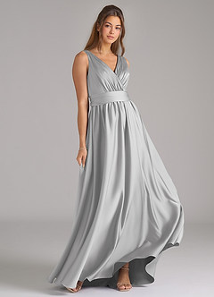 Azazie Kora 신부 들러리 드레스 A라인 주름진 스트레치 새틴 바닥 길이 드레스 image4