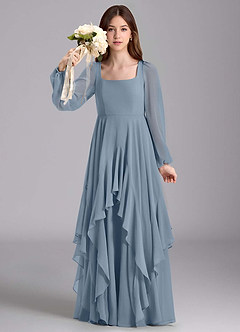 Azazie Clara Junior Jurk van Chiffon met A-Lijn Blouson Stoffig Blauw image3