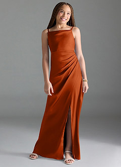 Azazie Leonis Junior A-Linie Plissee Stretch-Satin Kleid Gebranntes Orange image1