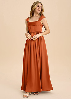 Azazie Hattie Junior Burnt Orange A-Line Pleated Stretch Satin Dress image1