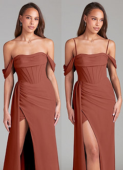Azazie Amyra Bridesmaid Dresses Auburn Sheath Off the Shoulder Chiffon Convertible Dress image9