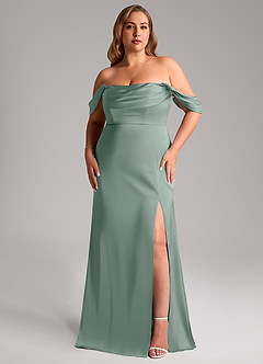 Azazie Saige Vestidos de damas de honor Vestido de Salvia Plateada de Satén Elástico de Corte Recto con Vestidos sin tirantes image16