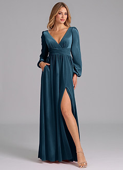 Azazie Norah Bridesmaid Dresses Blue Topaz A-Line Long Sleeve Velvet Dress image5