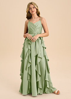 Azazie Peyton Junior A라인 주름진 스트레치 새틴 플로어 길이 주니어 신부 들러리 드레스 image4