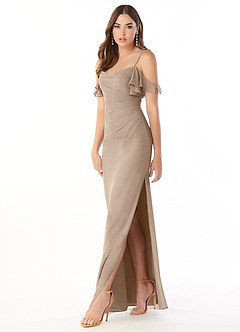 Azazie Emeralda Bridesmaid Dresses Taupe Sheath Off the Shoulder Chiffon Dress image1