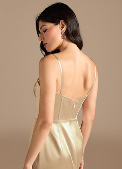Azazie Lynden Bridesmaid Dresses Champagne Sheath Off the Shoulder Metallic Satin Convertible Dress image10