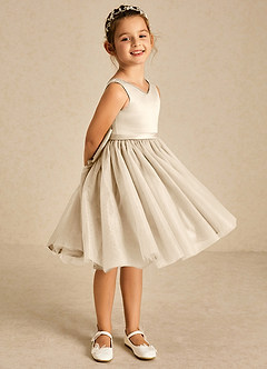 Azazie Sarina Flower Girl Dresses Champagne A-Line Bow Tulle Dress image5