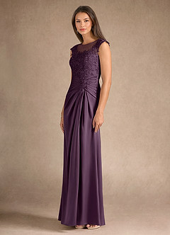 Azazie Santa Barbara Mother of the Bride Dresses Plum Sheath Pleated Stretch Satin Dress image6