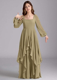 Azazie Clara Junior Abito A-Line in Chiffon Blusa Verde Muschio image6