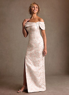 Azazie Zion Mother of the Bride Dresses Dusty Rose Sheath Off the Shoulder Floral Jacquard Dress image4