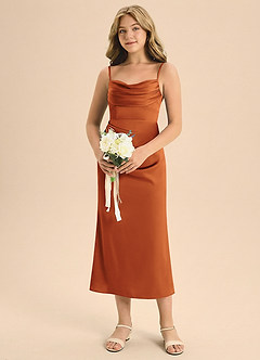 Azazie Mai Junior Skede Plisseret Stræk satin Te-længde Junior brudepige Kjole image4