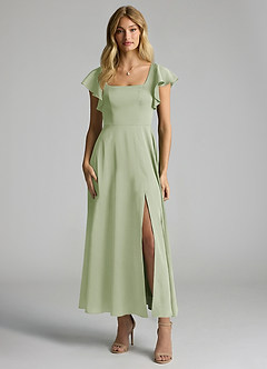 Azazie Bondi 신부 들러리 드레스 A라인 셔링 스트레치 새틴 발목 길이 드레스 image4