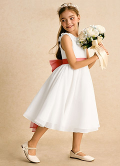 Azazie Dani Robe Demoiselle D'honneur Fillette Robe Trapèze en Mousseline de soie Arc Ivoire Rose Saumon image3