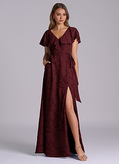 Azazie Lainey 신부 들러리 드레스 A라인 포켓이 있는 플로럴 번아웃 바닥 길이 드레스 image3