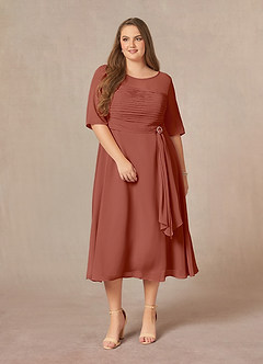 Azazie Naomi vestidos de madre de la novia Vestido de Castaño de Gasa de Corte En A con Cuello barco plisado image12