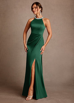 Azazie Lawrence Mother of the Bride Dresses Dark Green A-Line Pleated Stretch Satin Dress image2