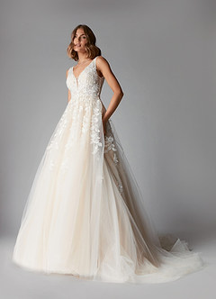 Azazie Sorella Wedding Dresses A-Line V-Neck Sequins Tulle Chapel Train Dress image4