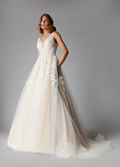 Azazie Sorella At-home Try On Dresses Diamond White Champagne A-Line V-Neck Sequins Tulle Dress image4