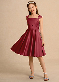 Azazie Budle Girls Formal Flower Girl Dresses Pomegranate A-Line Pleated Matte Satin Dress image3