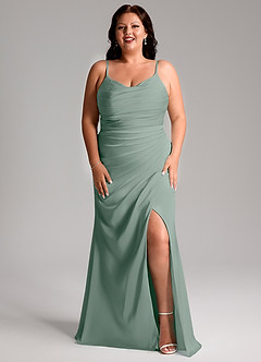 Azazie Deandra Brautjungfernkleider Meerjungfrau-Linie Plissee Stretch-Satin Kleid Silberner Salbei image9