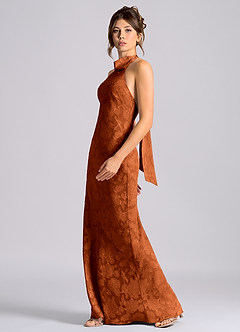 Azazie Velli Vestidos de damas de honor Vestido de Naranja Quemada de Devorado Floral de Corte Sirena con Cuello Alto image3